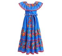 IMEKIS Girls Mexican Dress Off Shoulder Floral Print Ruffle Maxi Boho Summer Dresses Kids Cinco De Mayo Fiesta Day of The Dead Halloween Carnival Festival Costume Blue 9-10 Years