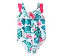 IMEKIS Girls One Piece Swimsuit Lovely Print Swimwear with 8 Removable Sticks Kid Baby Learn to Swim Bathing Suit Sleeveless Ruffle Swimming Costume Green 2-3 Years