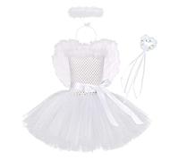 IMEKIS Kid Girls Angel Devil Costume Fancy Halloween Cosplay Dress Up Princess Tulle Tutu with Halo Wings Fairy Wand 4pcs Birthday Christmas Carnival Party Outfit White 9-10 Years
