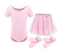 IMEKIS Kid Girls Ballet Dance Dress Short Sleeve Gymnastic Leotard Bodysuit Top with Chiffon Wrap Skirt Footed Tights Cotton Dancewear Costume 4pcs Ballerina Outfit Pink 7-8 Years