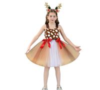 IMEKIS Kid Girls Christmas Reindeer Costume Fancy Elk Role Play Cosplay Dress Up Halter Neck Backless Layered Tulle Tutu with Antlers Headband Xmas Party Outfit Brown 6-7 Years