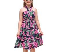 IMEKIS Kid Girls Floral Casual Summer Dress A-Line Halter Neck Smocked Midi Dresses Sleeveless Boho Beach Sundress for Holiday Party Hot Pink 11-12 Years