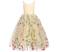 IMEKIS Kid Girls Flower Girl Bridesmaid Wedding Party Dress Sleeveless V Neck Ruffle Tulle Tutu Dress Elegant First Communion Birthday Pageant Prom Gown Apricot 6 Years