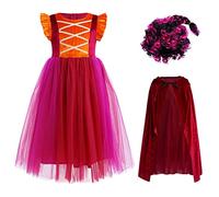 IMEKIS Kid Girls Halloween Witch Costume Princess Winifred Sarah Mary Sanderson Fancy Party Cosplay Dress Up Evil Tulle Dress with Hooded Cape Wig Birthday Carnival Outfit Burgundy 9-10 Years
