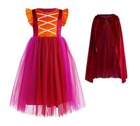 IMEKIS Kid Girls Halloween Witch Costume Princess Winifred Sarah Mary Sanderson Fancy Party Cosplay Dress Up Evil Tulle Dress with Hooded Cape Wig Birthday Carnival Outfit Burgundy 9-10 Years