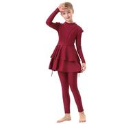 IMEKIS Kid Girls Muslim Swimwear Long Sleeve Burkini with Hijab Full Cover Rash Guard Swimsuit 3pcs Ruffle Tankini Set Bathing Suit Summer Beachwear Burgundy 6-7 Years