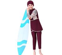 IMEKIS Kid Girls Muslim Swimwear Modest Swimsuits Islamic Burkini Outfit Long Sleeve Swim Top Pants Hijab 3pcs Tankinis Swimming Costume Summer Beachwear Bathing Suit Burgundy 6-7 Years