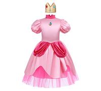 IMEKIS Kid Girls Princess Peach Costume Halloween Fairy Cosplay Dress Up Pink Short Puff Sleeve Party Tutu with Crown Headband Fancy Birthday Christmas Carnival Outfit Pink 7-8 Years