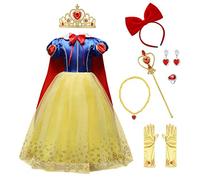 IMEKIS Kid Girls Snow White Dress Princess Fancy Cosplay Dress Up Birthday Pageant Ball Gown Short Sleeve Long Tulle Tutu with Accessories Fairytale Outfit Christmas Carnival Costume Blue 7-8 Years
