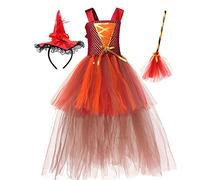 IMEKIS Kid Girls Witch Halloween Costume Princess Winifred Sarah Mary Devil Dress Evil Queen Fancy Cosplay Dress Up with Cape Hat Broom Birthday Tutu Carnival Party Outfit Orange 4-5 Years