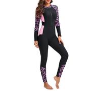 IMEKIS Long Sleeve One Piece Swimsuit for Women Full Body Rash Guard Floral Print Zipper Front UPF 50+ Wetsuit Modest Swimwear Surfing Bathing Suit Beachwear Pink S