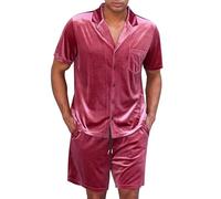 IMEKIS Men's 2 Pieces Summer Outfit Short Sleeve Velvet Button Down Shirt and Drawstring Shorts Casual Set Tracksuit Dark Pink M