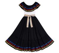 IMEKIS Mexican Dress for Women A-Line Off Shoulder Contrast Panel Long Maxi Boho Summer Dresses for Holiday Day of The Dead Senorita Halloween Carnival Black M