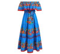 IMEKIS Mexican Dress for Women A-Line Off Shoulder Floral Print Long Maxi Summer Dresses for Boho Beach Holiday Fancy Day of The Dead Halloween Carnival Blue XL