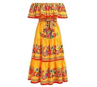 IMEKIS Mexican Dress for Women A-Line Off Shoulder Floral Print Long Maxi Summer Dresses for Boho Beach Holiday Fancy Day of The Dead Halloween Carnival Yellow XL
