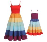 IMEKIS Mother and Daughter Matching Dress Women Girls Off Shoulder Floral Print Summer Dress Family Matching Outfit Parents Child Casual Long Dress, rainbow, M
