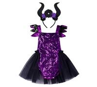 IMEKIS Newborn Baby Girls Halloween Witch Costume Maleficent Ursula Pumpkin Dress Up Sleeveless Backless Sequin Romper Dress and Headband 2pcs Fancy Cosplay Party Set Purple 0-6 Months