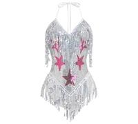 IMEKIS Rave Outfits for Women: Fringe Sparkle Stars Party Bodysuit Music Festival Clothing Alien Costume Adults Sexy Halloween Fairy Space Cowgirl Cosplay Shiny Jumpsuit Concert Clothes Silver Small
