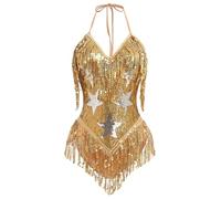 IMEKIS Rave Outfits for Women: Fringe Sparkle Stars Party Bodysuit Music Festival Clothing Alien Costume Adults Sexy Halloween Fairy Space Cowgirl Cosplay Shiny Jumpsuit Concert Gold Large