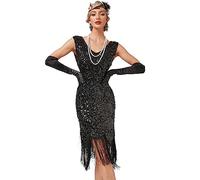 IMEKIS Women 1920s Great Gatsby Flapper Dress Sleeveless V Neck Sequin Beads Fringed Dress Vintage Cocktail Evening Party Dresses Black L