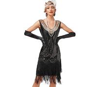 IMEKIS Women 1920s Great Gatsby Flapper Dress Sleeveless V Neck Sequin Beads Fringed Dress Vintage Cocktail Evening Party Dresses Black+Gold M