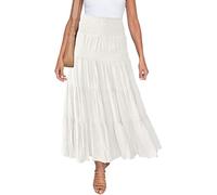 IMEKIS Women Boho Summer Skirt A Line Pleated Maxi Long Beach Skirts Solid Color Elastic High Waist Ruched Skirt Casual Flowy Swing Dress for Holiday White L