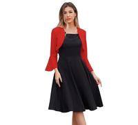 IMEKIS Women Bolero Shrug 3/4 Bell Sleeve Open Front Cropped Top Solid Color Elegent Cardigan Jacket Red S