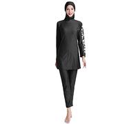 IMEKIS Women Burkini 3pcs Muslim Swimwear Floral Modest Swimming Costume Islamic Arabic Swimsuit Long Sleeve Swim Top with Pants Hijab Bathing Suit Full Cover Tankini Set Black 1 XL
