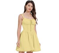 IMEKIS Women Floral Corset Dress Sleeveless Lace Up Low Cut Bustier Boho Summer Dress A-Line Ruffle Mini Beach Holiday Party Dress Yellow M