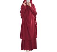 IMEKIS Women Jilbab Dress Muslim Long Sleeve Maxi Prayer Robe Plain Color Loose Full Coverage Khimar with Skirt for Outdoors 2pcs Outfit Burgundy One Size