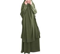 IMEKIS Women Jilbab Dress Muslim Long Sleeve Maxi Prayer Robe Plain Color Loose Full Coverage Khimar with Skirt for Outdoors 2pcs Outfit Army Green One Size
