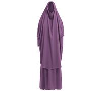 IMEKIS Women Jilbab Dress Muslim Long Sleeve Maxi Prayer Robe Plain Color Loose Full Coverage Khimar with Skirt for Outdoors 2pcs Outfit Purple One Size