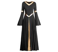 IMEKIS Women Liturgical Praise Dress Metallic Splice Lyrical Dance Dresses Long Sleeve V Neck Casual Pleated Swing Skirt Church Worship Prayer Gowns Ballroom Dancewear Costume Black XS