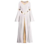 IMEKIS Women Liturgical Praise Dress Metallic Splice Lyrical Dance Dresses Long Sleeve V Neck Casual Pleated Swing Skirt Church Worship Prayer Gowns Ballroom Dancewear Costume White 2XL
