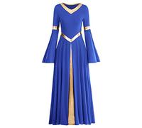 IMEKIS Women Liturgical Praise Dress Metallic Splice Lyrical Dance Dresses Long Sleeve V Neck Casual Pleated Swing Skirt Church Worship Prayer Gowns Ballroom Dancewear Costume