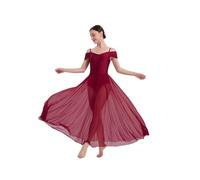 IMEKIS Women Lyrical Dance Dress Off Shoulder Mesh Skirted Leotard Gymnastic Dancewear Modern Contemporary Ballroom Dancing Costume Burgundy L