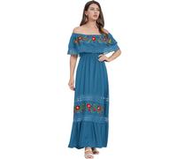 IMEKIS Women Mexican Dress Off Shoulder Floral Embroidery Casual Long Boho Summer Dresses A-Line Fancy Day of The Dead Halloween Carnival Costume Lake Blue M