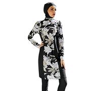 IMEKIS Women Muslim Swimwear 3pcs Floral Modest Swimming Costume Islamic Arabic Burkini Swimsuit Long Sleeve No Pad Swim Top with Pants Hijab Full Cover Bathing Suit Black S