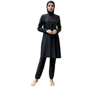 IMEKIS Women Muslim Swimwear 3pcs Floral Modest Swimming Costume Islamic Arabic Burkini Swimsuit Long Sleeve No Pad Swim Top with Pants Hijab Full Cover Bathing Suit Black XL
