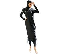 IMEKIS Women Muslim Swimwear 3pcs Floral Modest Swimming Costume Islamic Arabic Burkini Swimsuit Long Sleeve No Pad Swim Top with Pants Hijab Full Cover Bathing Suit Black M