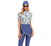 IMEKIS Women Muslim Swimwear Modest Arabic Islamic Burkini Swimsuit Short Sleeve Zipper Front Swim Top with Short Pants Hijab 3pcs Tankini Set Swimming Costume Blue+Flower 3XL