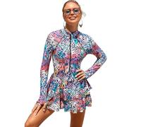IMEKIS Women One Piece Ruffle Swim Dress with Shorts Swimsuit Long Sleeve Zip Up Tropical Print Rash Guard Swimwear Tummy Control Modest Bathing Suit Colorful L