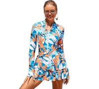 IMEKIS Women One Piece Ruffle Swim Dress with Shorts Swimsuit Long Sleeve Zip Up Tropical Print Rash Guard Swimwear Tummy Control Modest Bathing Suit Orange M