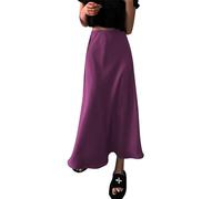 IMEKIS Women Satin Silk Skirt A Line Elastic High Waist Ruffle Long Maxi Skirt Solid Color Mermaid Skirt Formal Evening Party Skirts Purple XXL