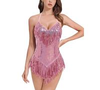 IMEKIS Women Sequins Fringe Bodysuit Halter V Neck Music Festival Leotard Shiny Latin Jazz Tango Ballroom Dance Costume Rave Outfit Pink XL