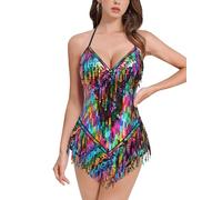 IMEKIS Women Sequins Fringe Bodysuit Halter V Neck Music Festival Leotard Shiny Latin Jazz Tango Ballroom Dance Costume Rave Outfit Colorful L