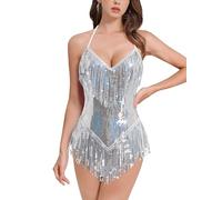 IMEKIS Women Sequins Fringe Bodysuit Halter V Neck Music Festival Leotard Shiny Latin Jazz Tango Ballroom Dance Costume Rave Outfit Silver XL