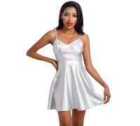 IMEKIS Women Shiny Metallic Mini Dress A-Line Sleeveless Holographic Pleated Dress Disco Night Club Dance Party Dress Halloween Carnival Alien Costume Space Girls Rave Outfit Silver L