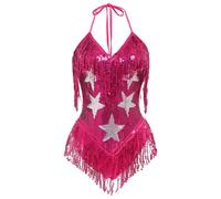 IMEKIS Women Star Sequins Fringe Bodysuit Halter V Neck Music Festival Party Dancewear Nightclub Costume Halloween Carnival Rave Outfit Hot Pink L