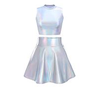 IMEKIS Women's Alien Costume Rave Outfit Carnival Shiny Metallic Crop Top with Mini Skirt 2-Piece Disco Dance Clubwear Halloween Facshing Theme Party Outfit, laser silver turtleneck, XXL